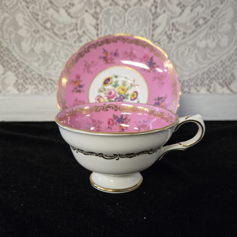Olde English Grosvenor Pink Floral Teacup & Saucer